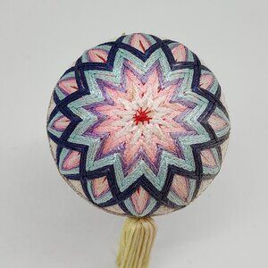 Handmade Japanese Temari Embroidered Ball Ornament Geometric Pink Purple 2.75"